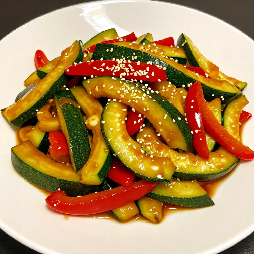 One perfect plated serving of zucchini stir fry on a white plate, garnished with sesame seeds, warm side lighting showing texture, photorealistic food photography