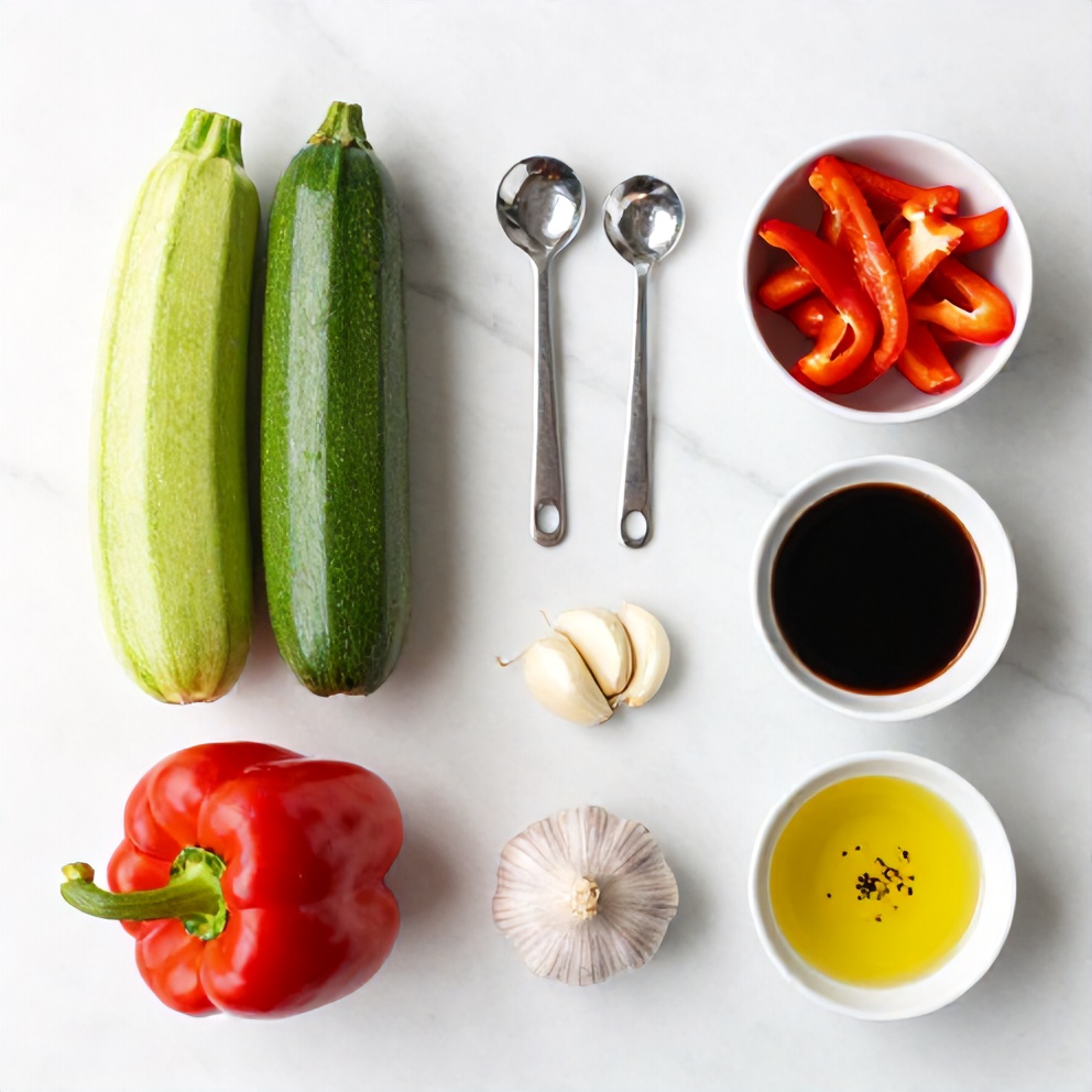Overhead flat lay of raw ingredients for zucchini stir fry, including zucchini, bell peppers, garlic, soy sauce, and sesame oil, white marble surface, bright even light, photorealistic overhead food photography