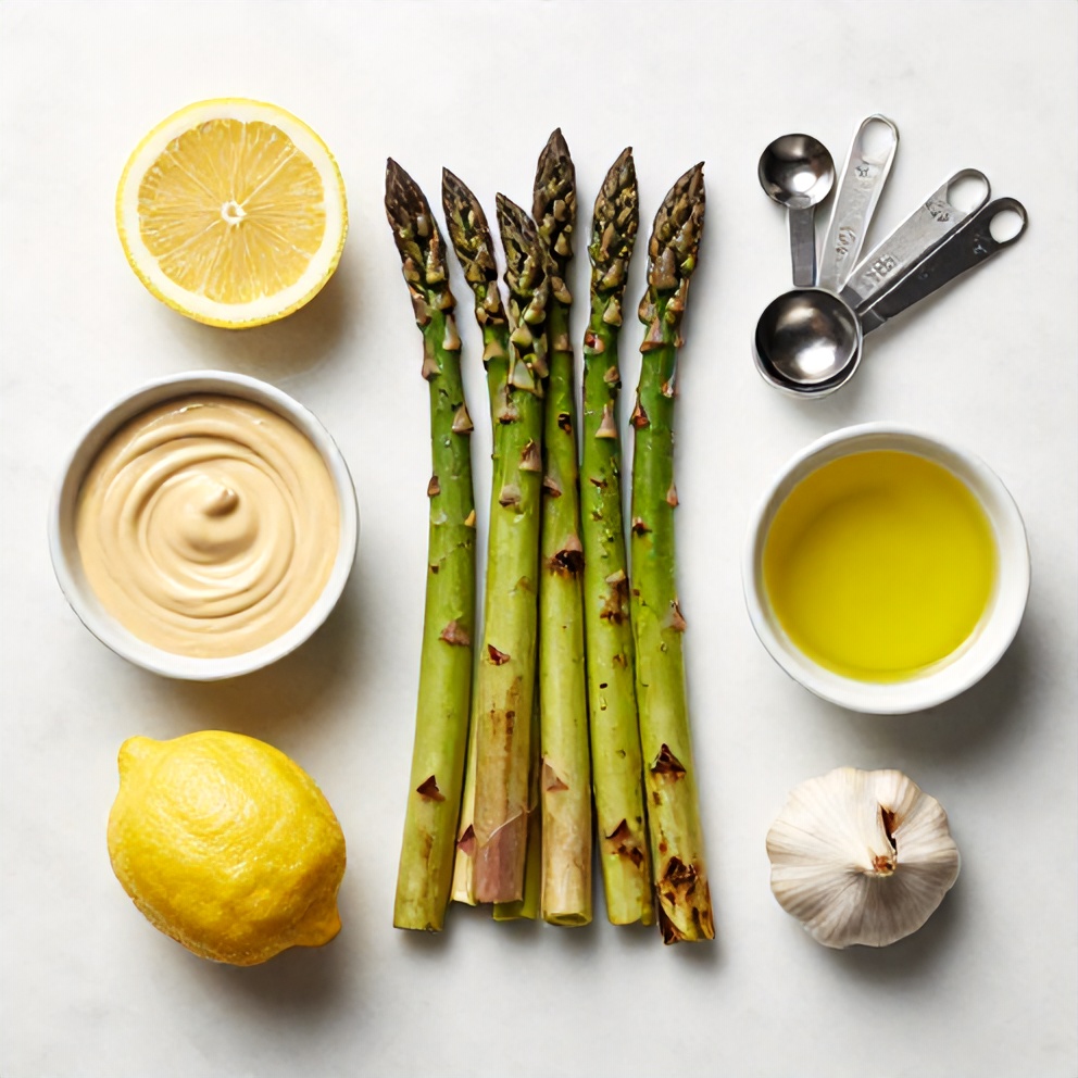 Raw ingredients for grilled asparagus with tahini lemon sauce