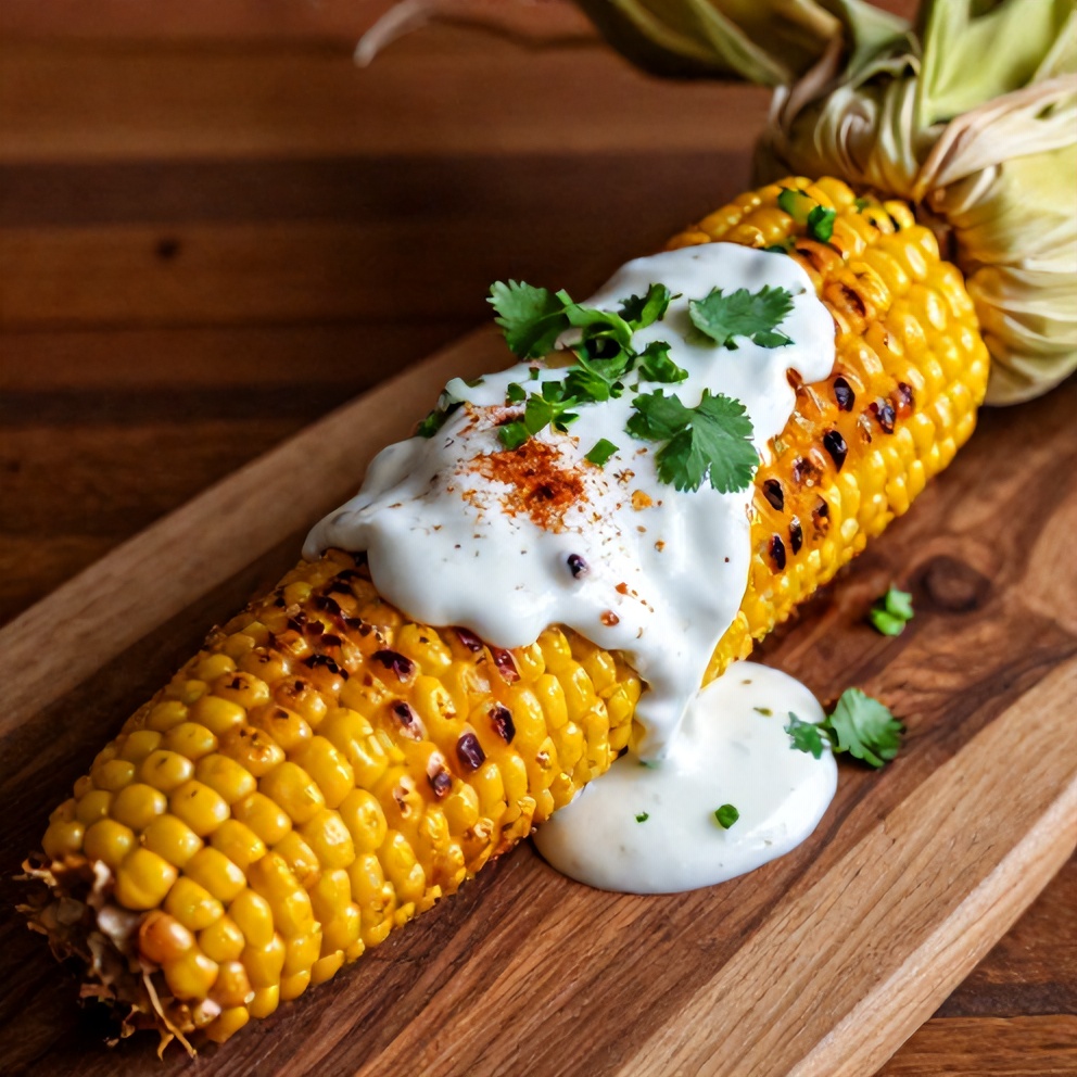 Plated serving of grilled corn on the cob with chili lime yogurt sauce