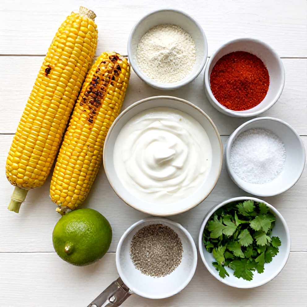Raw ingredients for grilled corn with chili lime yogurt sauce
