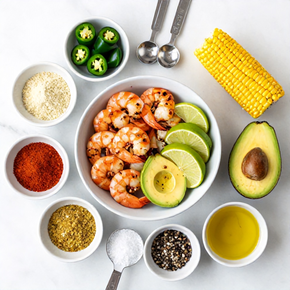 Raw ingredients for Grilled Shrimp and Avocado Bowl