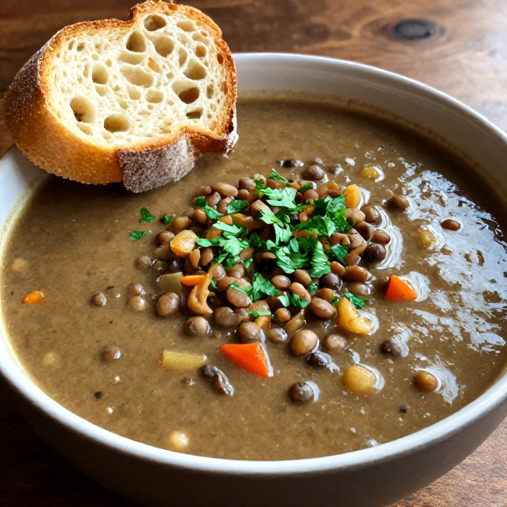 Plated serving of Hearty Lentil and Vegetable Soup with a sprinkle of parsley