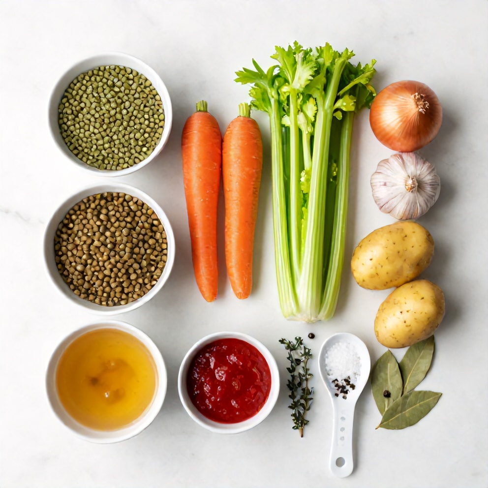 Raw ingredients for Lentil and Vegetable Soup arranged in a flat lay