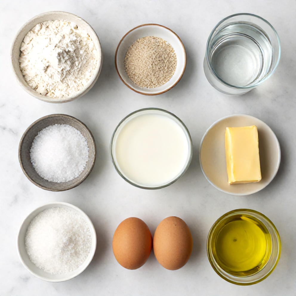 Raw ingredients for homemade Olive Garden breadsticks on a marble surface