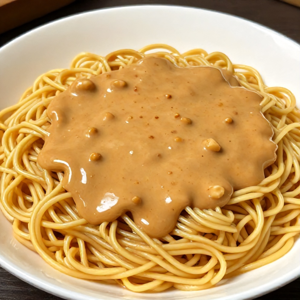 Peanut sauce drizzled over noodles