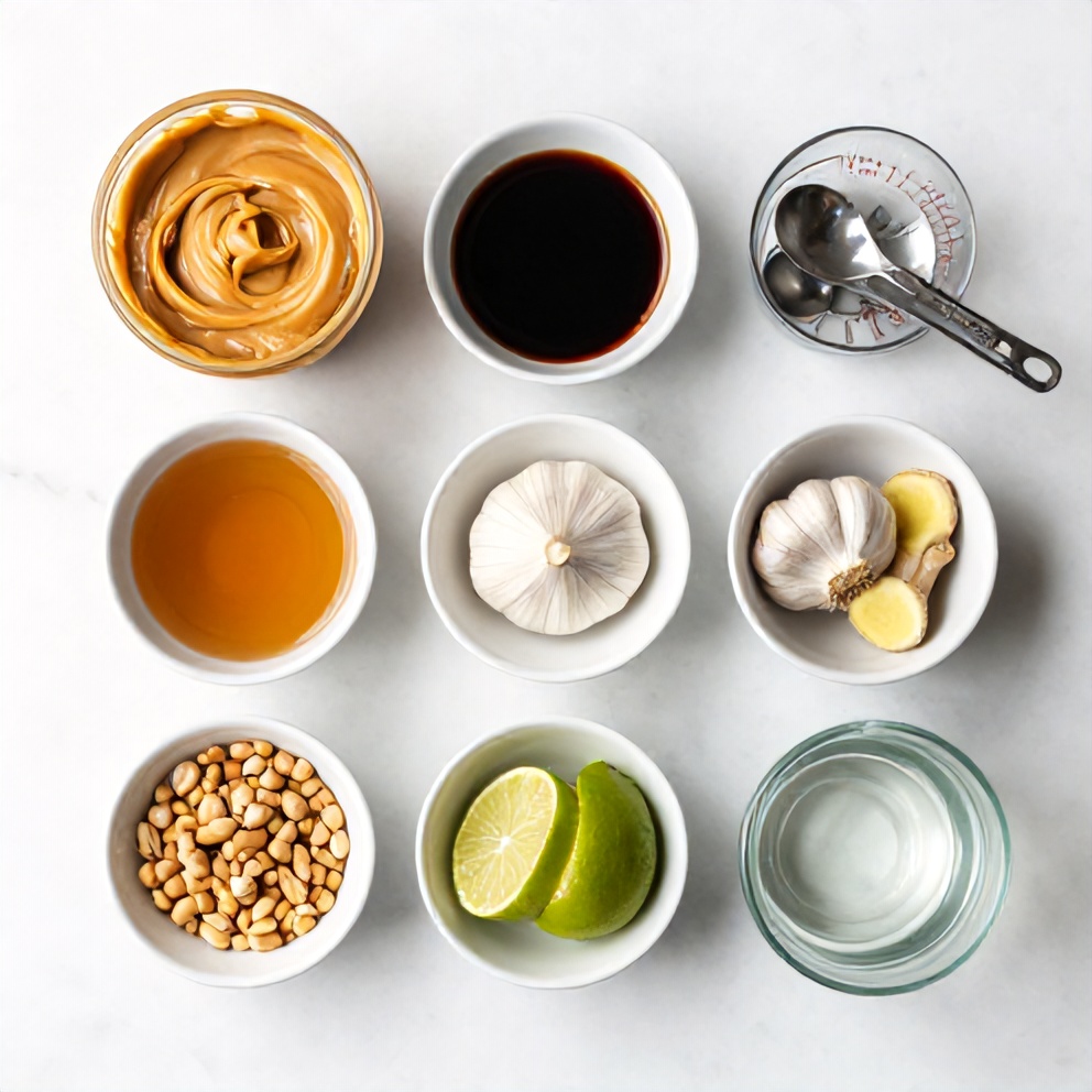 Ingredients for homemade peanut sauce laid out