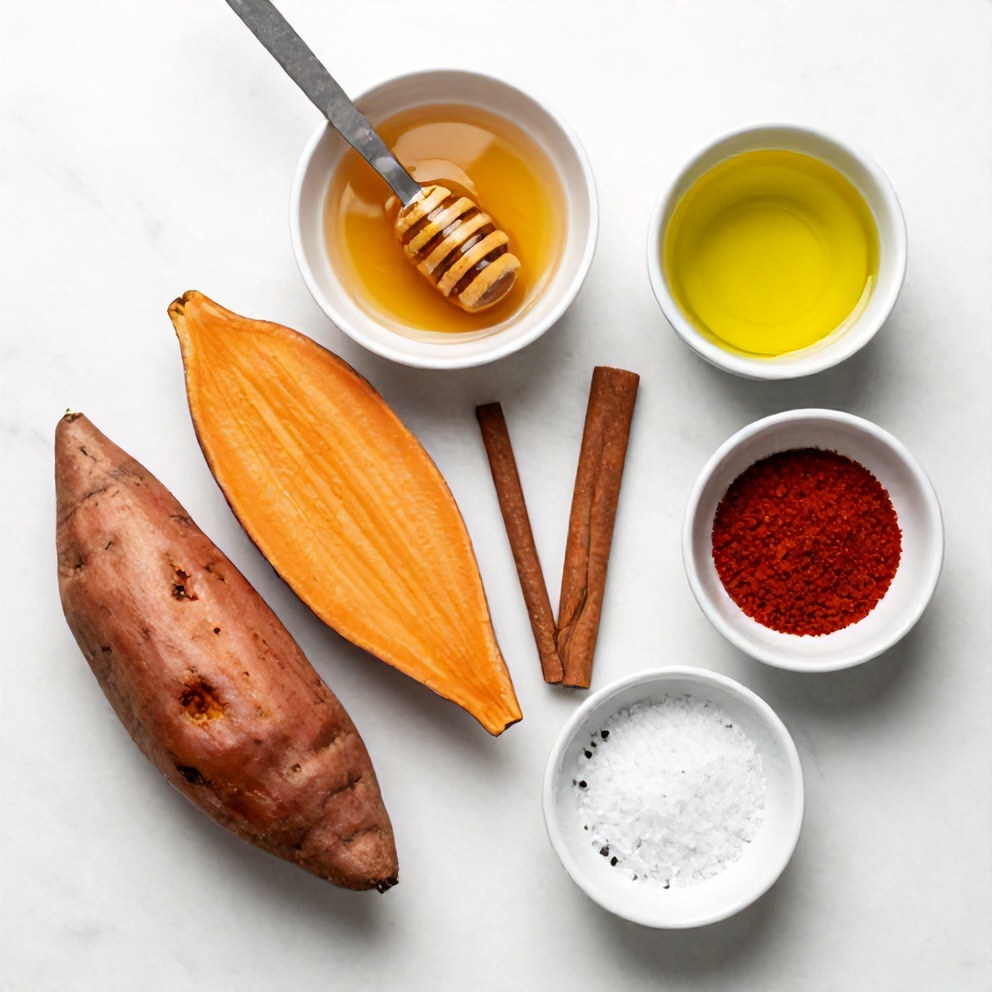 Raw ingredients for honey roasted sweet potatoes