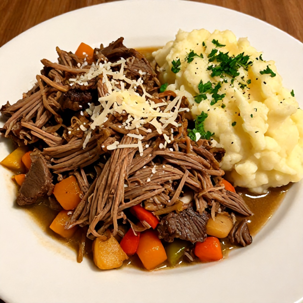 Plated Italian Pot Roast with a side of mashed potatoes