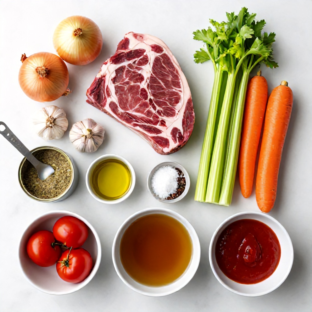 Raw ingredients for Italian Pot Roast: beef, carrots, celery, onion, garlic, canned tomatoes, Italian seasoning, etc.