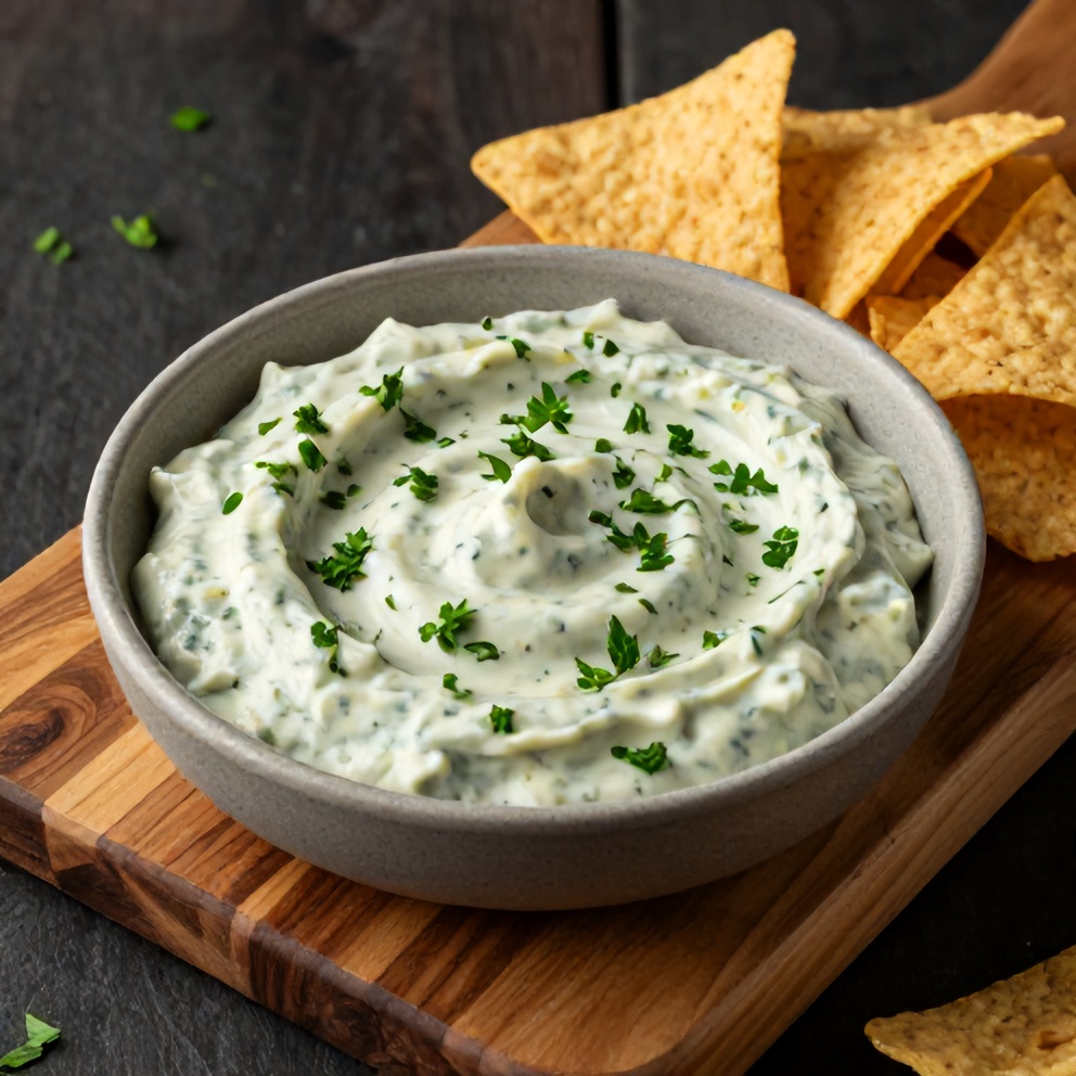 A serving of the creamy jalapeño spinach artichoke dip on a rustic wooden board, garnished with chopped fresh parsley, served with tortilla chips