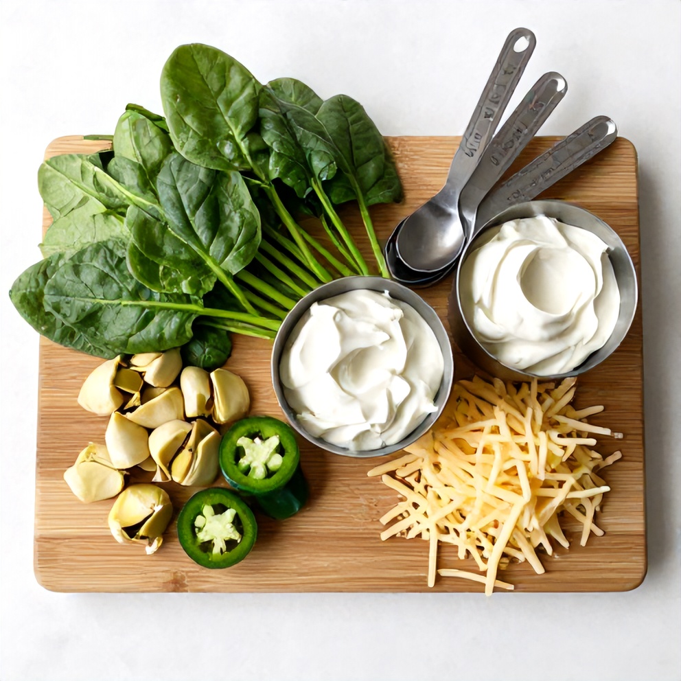 Fresh spinach, canned artichoke hearts, jalapeños, cream cheese, sour cream, and shredded cheese arranged on a wooden cutting board with measuring cups and spoons