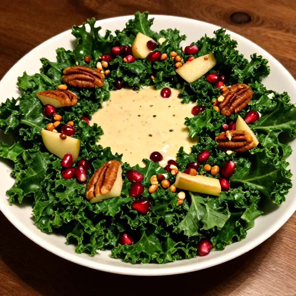 Plated kale apple salad with lemon tahini dressing