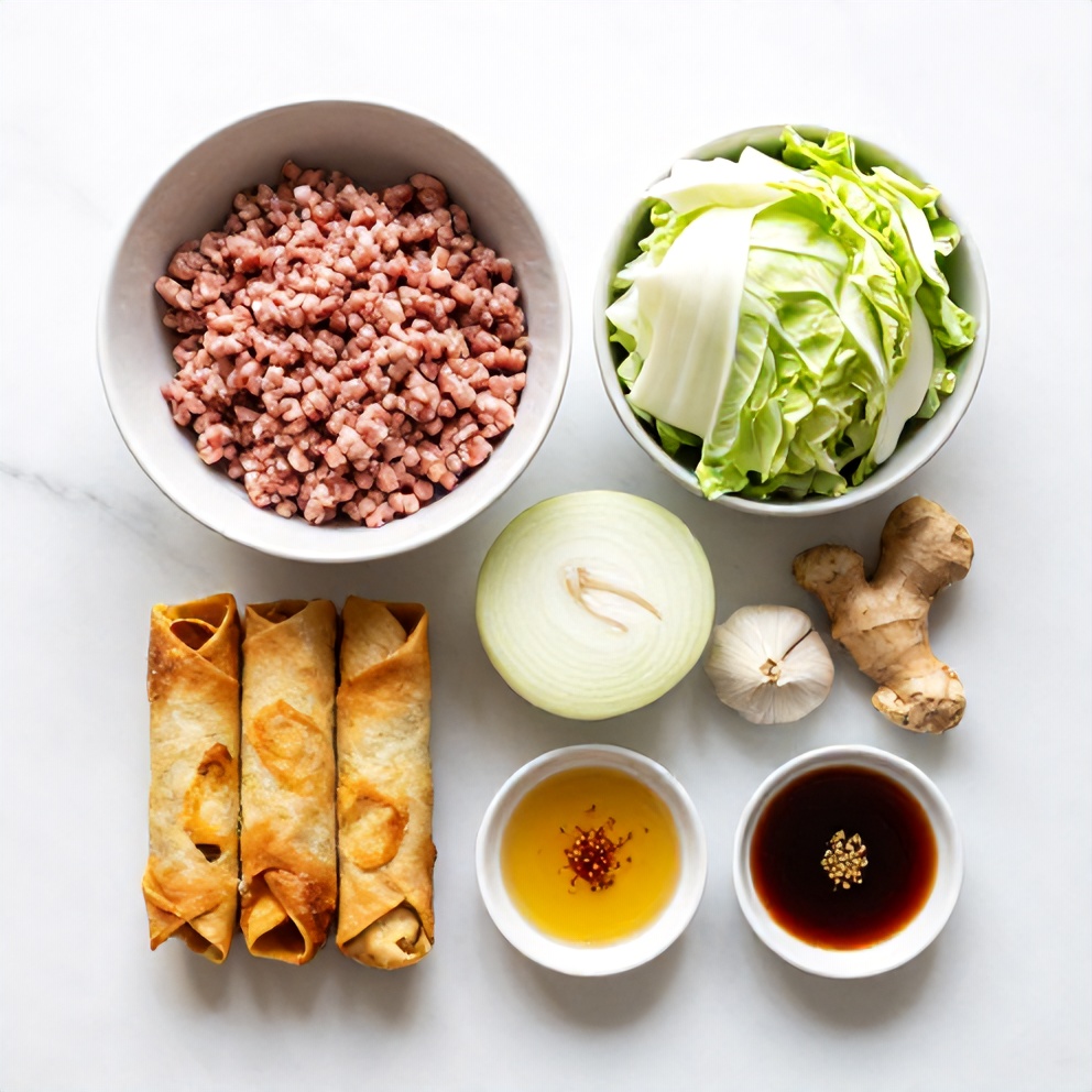 Keto Egg Roll in a Bowl ingredients including ground meat, cabbage, and spices