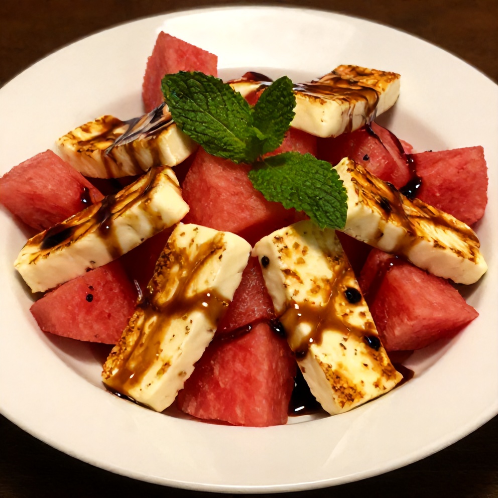 Plated keto halloumi watermelon salad with fresh mint and balsamic glaze