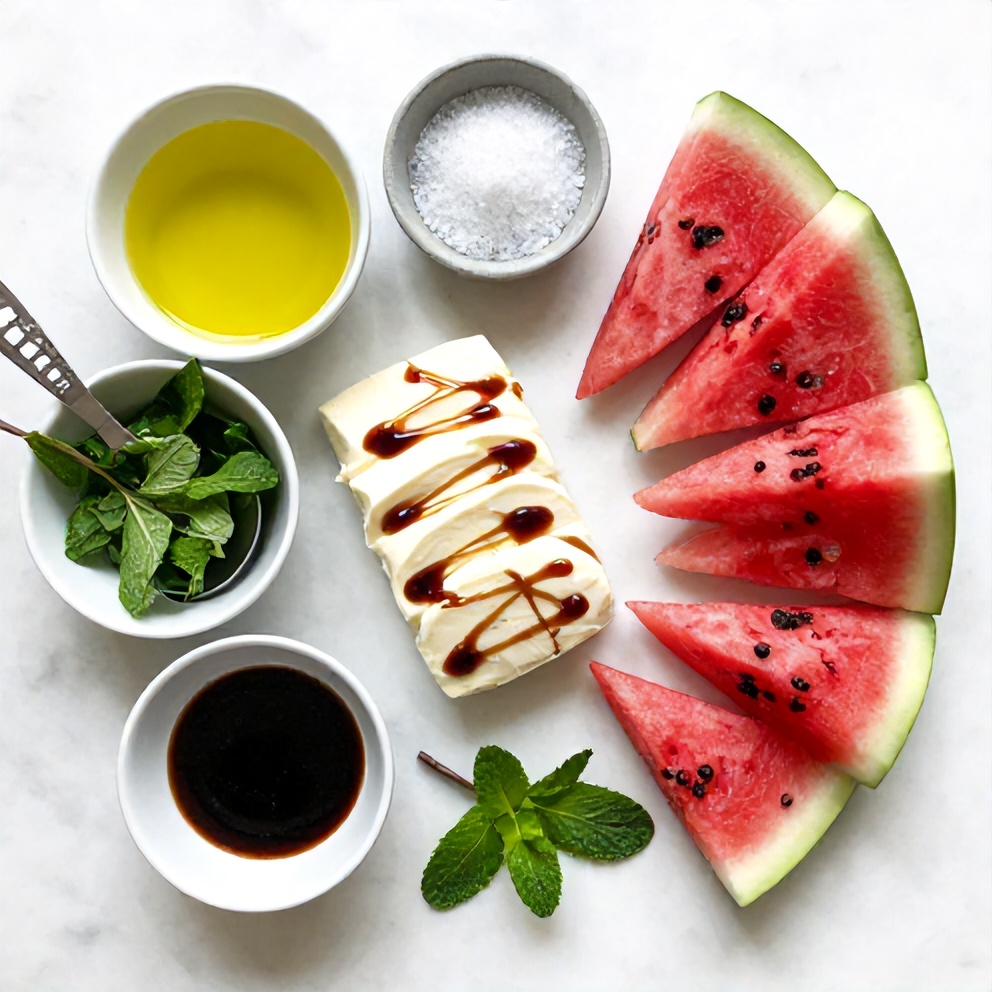 Raw ingredients for keto halloumi watermelon salad on a white marble surface