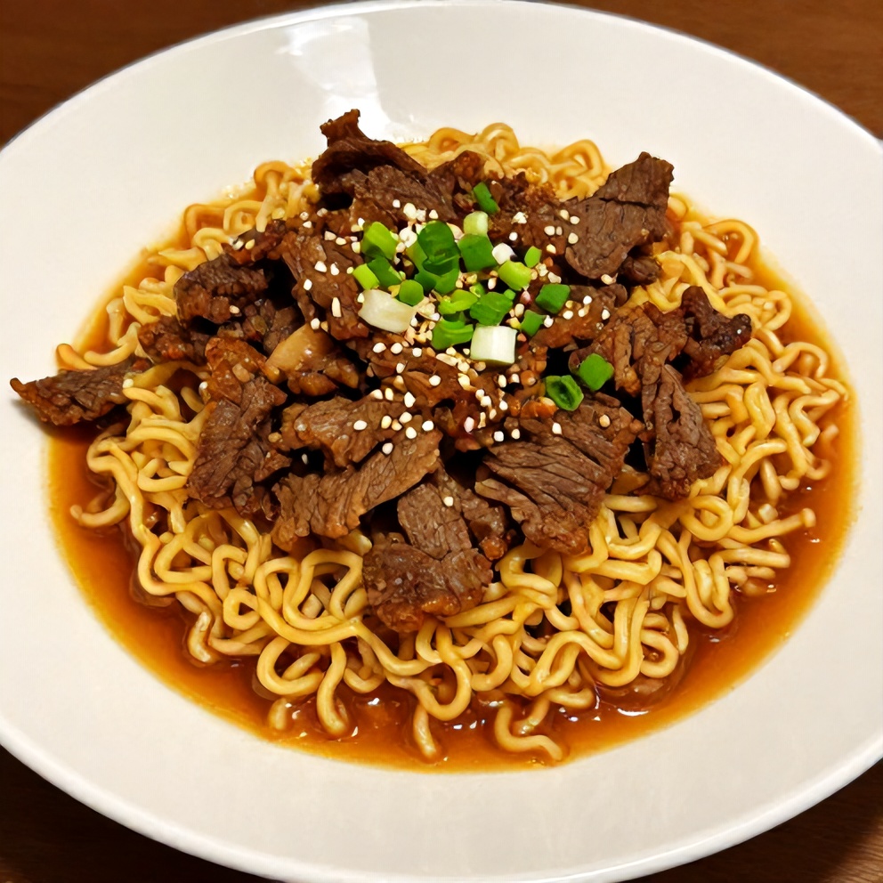 Plated Korean Beef Ramen with green onions and sesame seeds