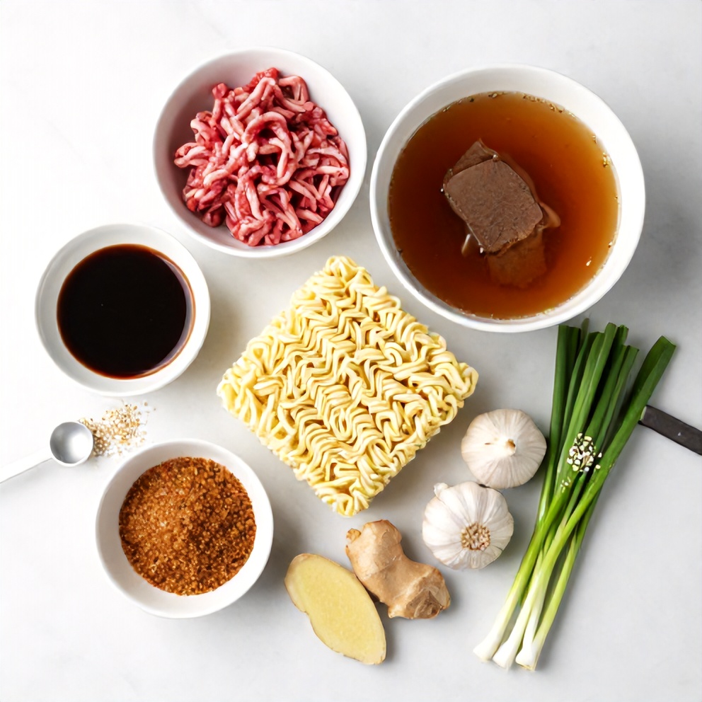 Raw ingredients for Korean Beef Ramen on a white marble surface