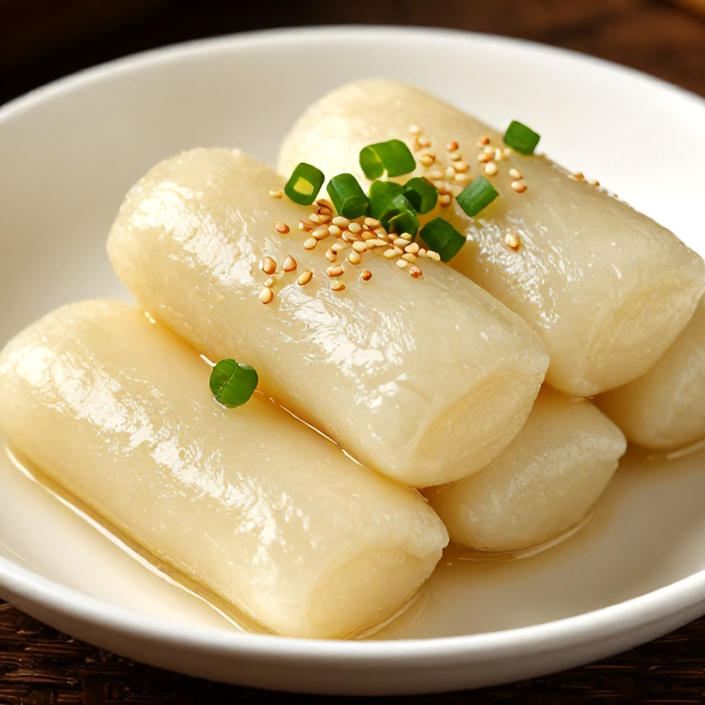 Plated Korean Rice Cakes with green onions and sesame seeds