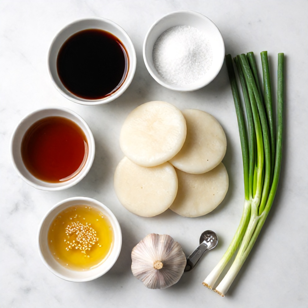 Raw ingredients for Korean Rice Cakes on a marble surface