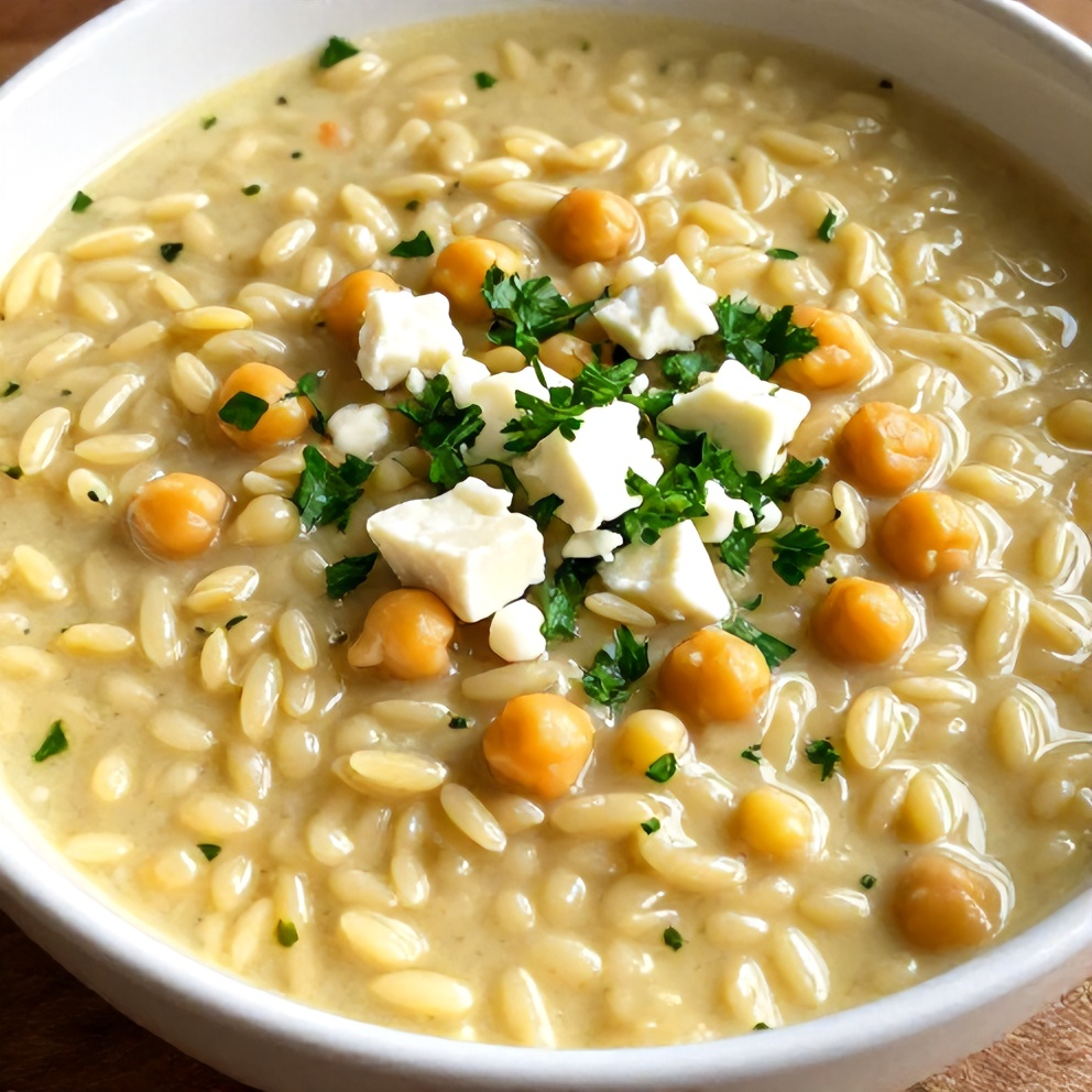 Easy Lemon Chickpea Orzo Soup Served