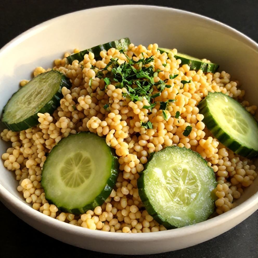 Lemon Cucumber Couscous Salad plated with fresh herbs