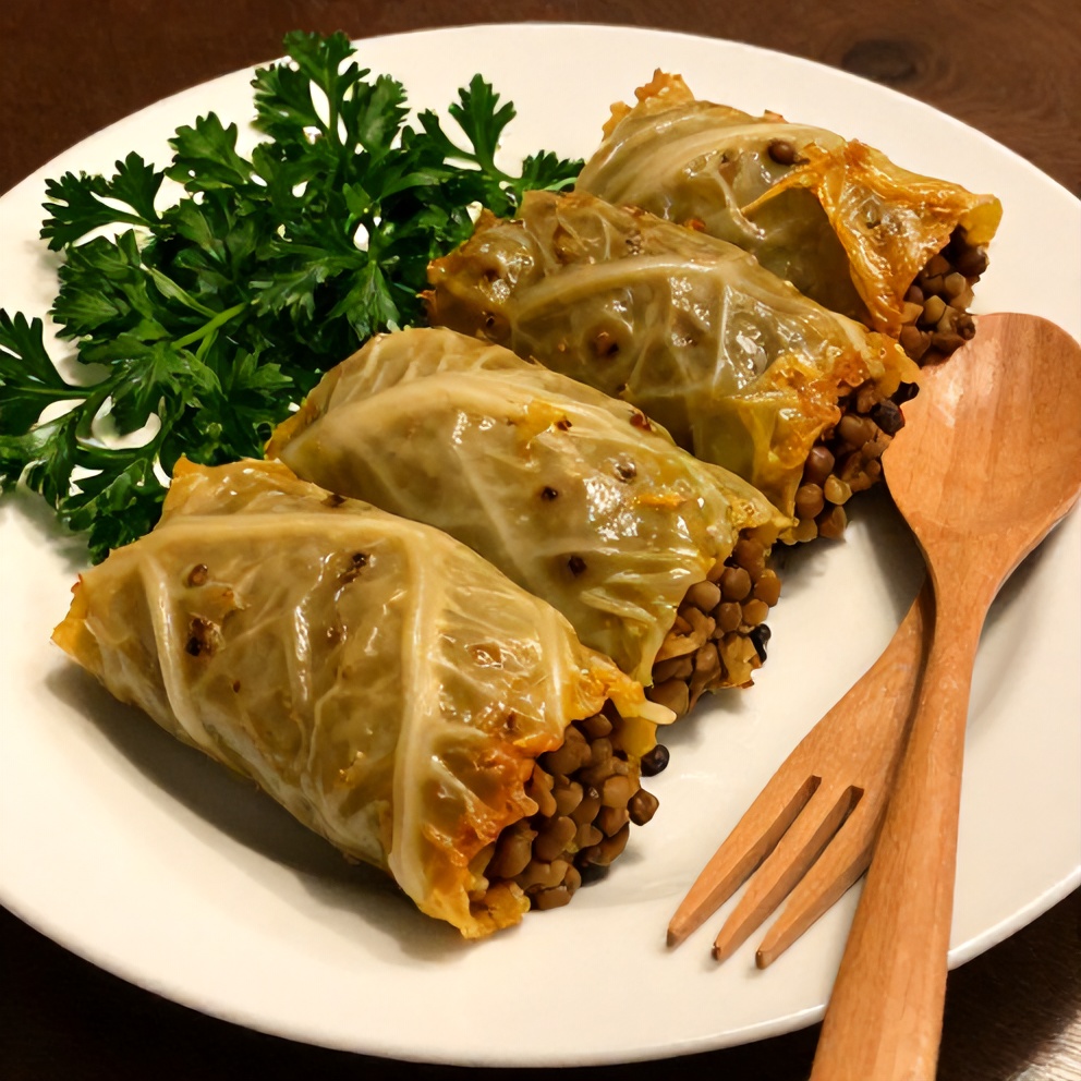 Plated serving of lentil and rice stuffed cabbage rolls with a side of fresh parsley
