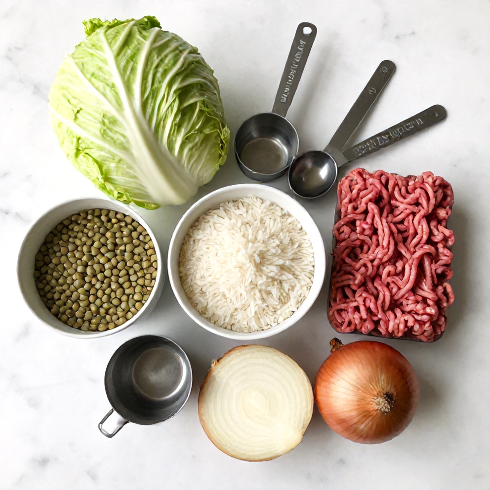 Raw ingredients for lentil and rice stuffed cabbage rolls on a white marble surface