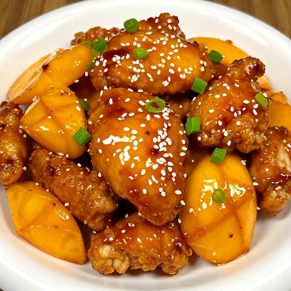 Plated mango glazed chicken with garnish