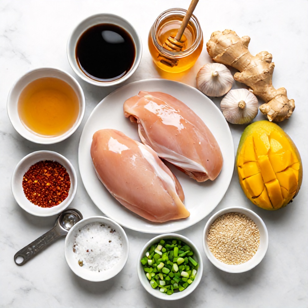 Raw ingredients for mango glazed chicken
