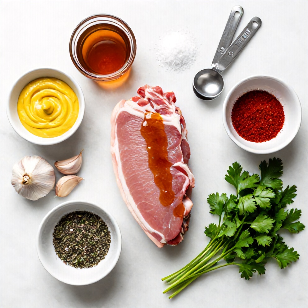 Maple Dijon Pork Tenderloin ingredients on a marble surface