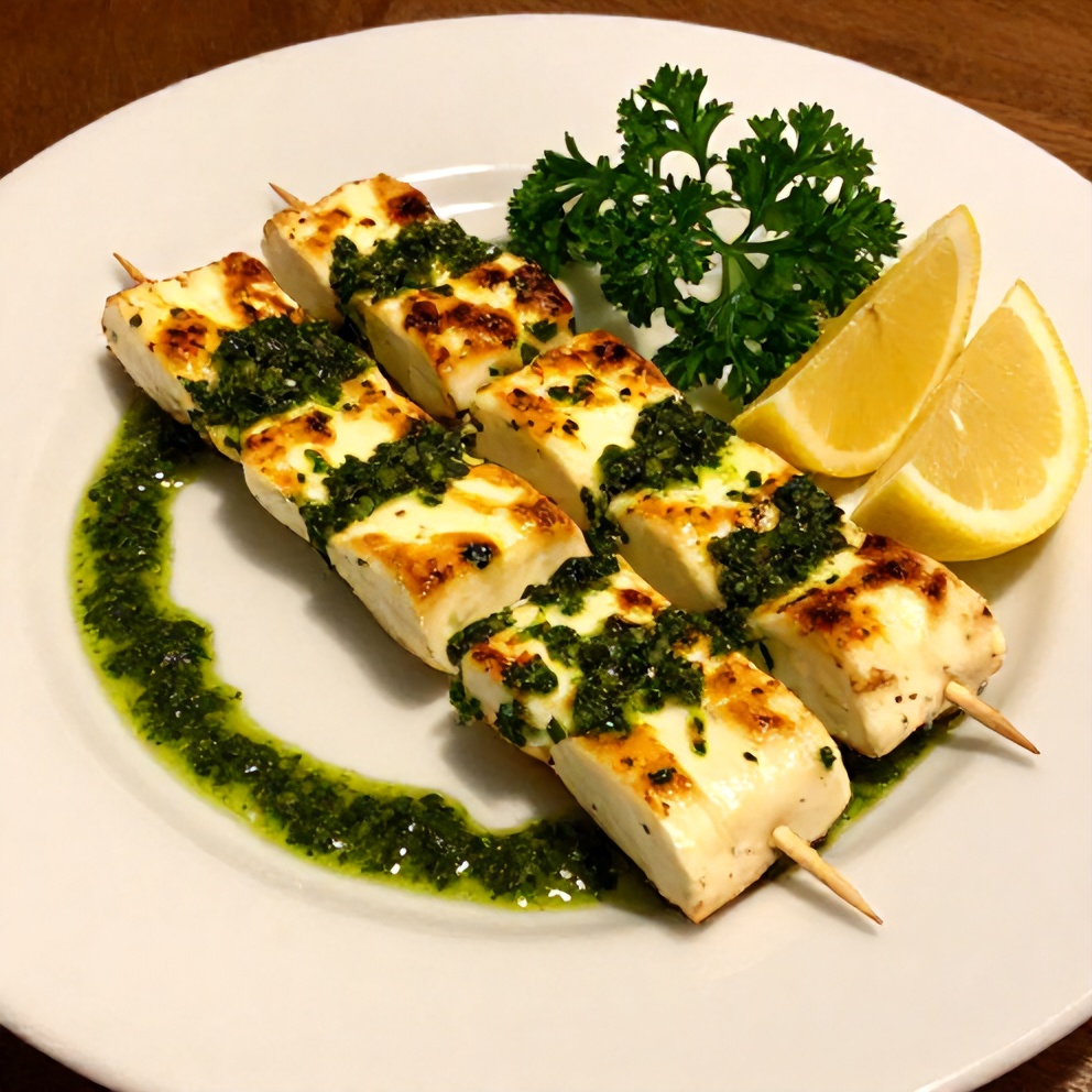 Plated Halloumi Skewers with Herb Sauce