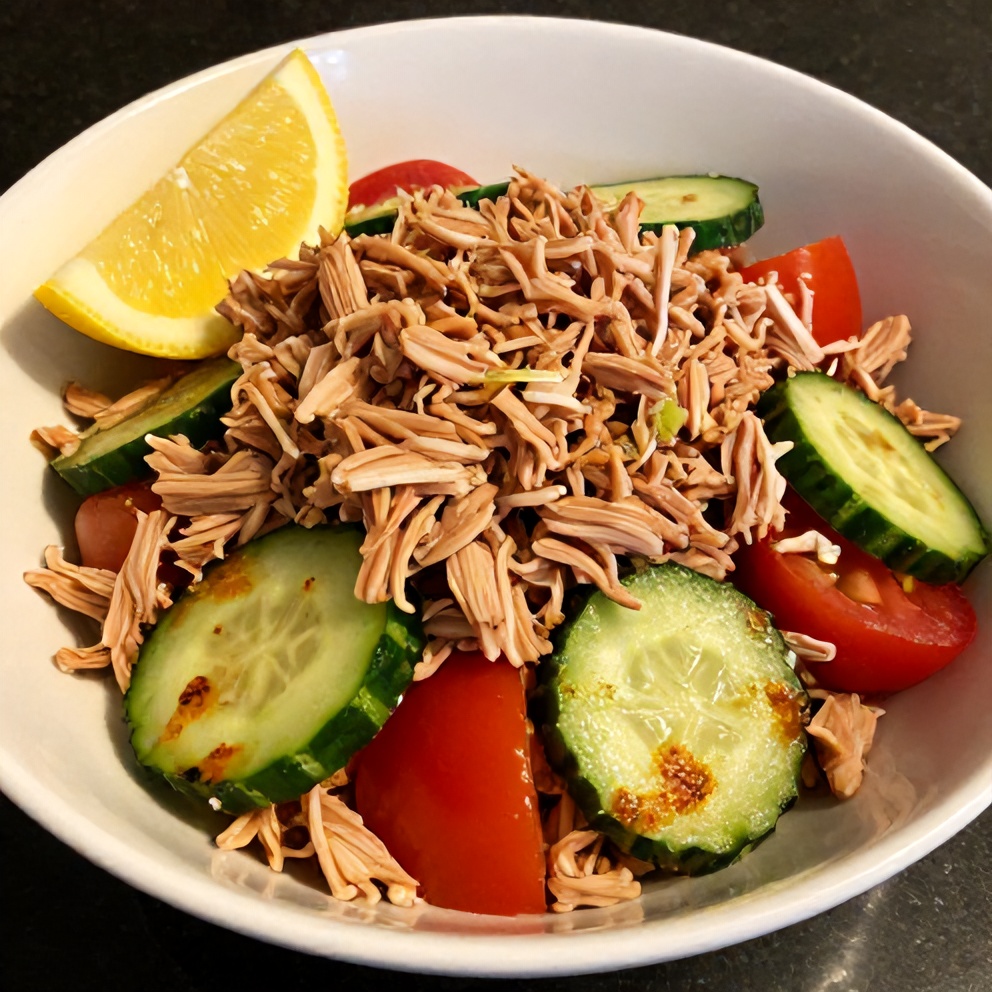 Mediterranean Tuna Salad served in a bowl with a lemon wedge