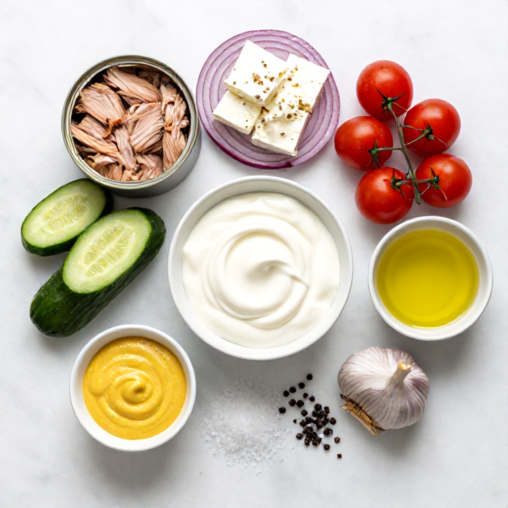 Mediterranean Tuna Salad ingredients on a wooden surface