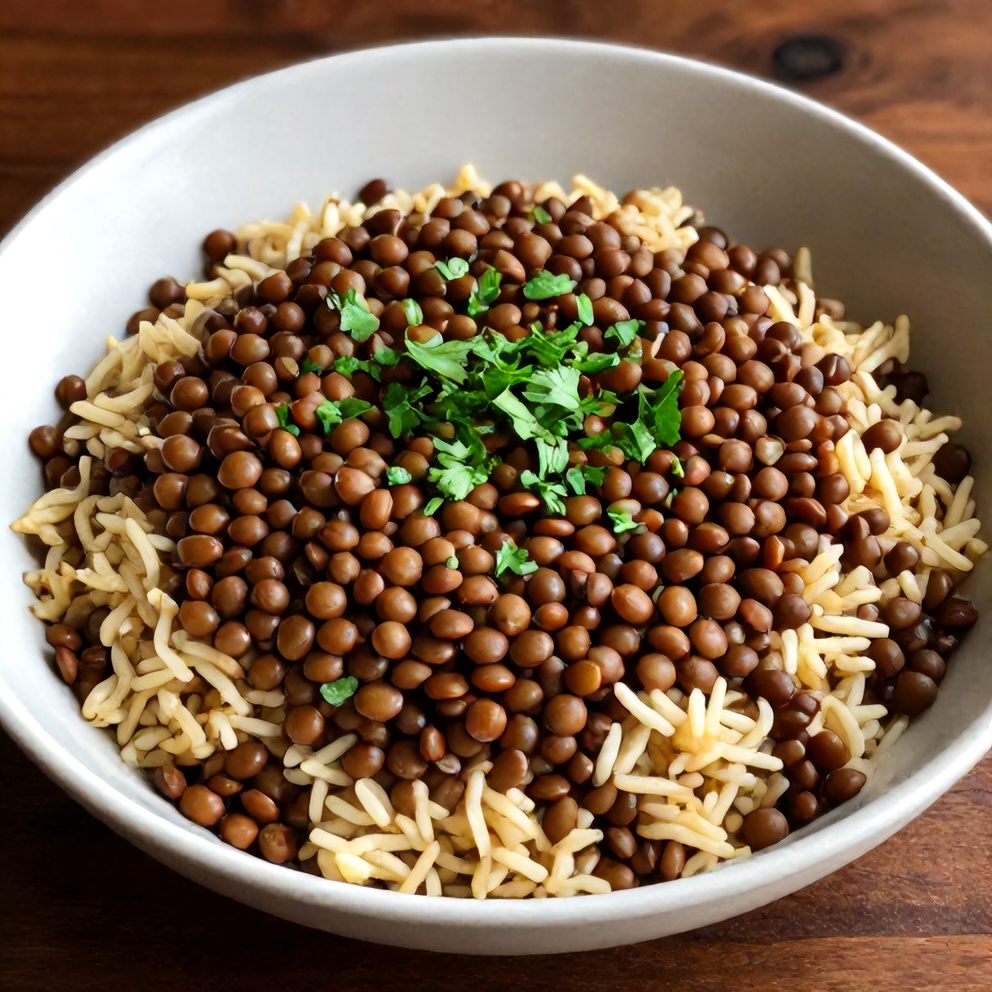 Finished Mujadara Lentils and Rice Dinner
