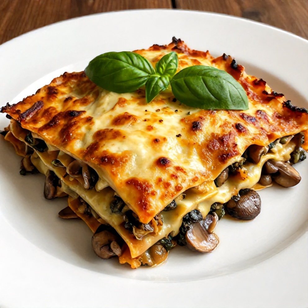 Easy Mushroom Spinach Lasagna filling 95% of the frame at a 35-degree angle, showing bubbling cheese edges and rich meat sauce layers