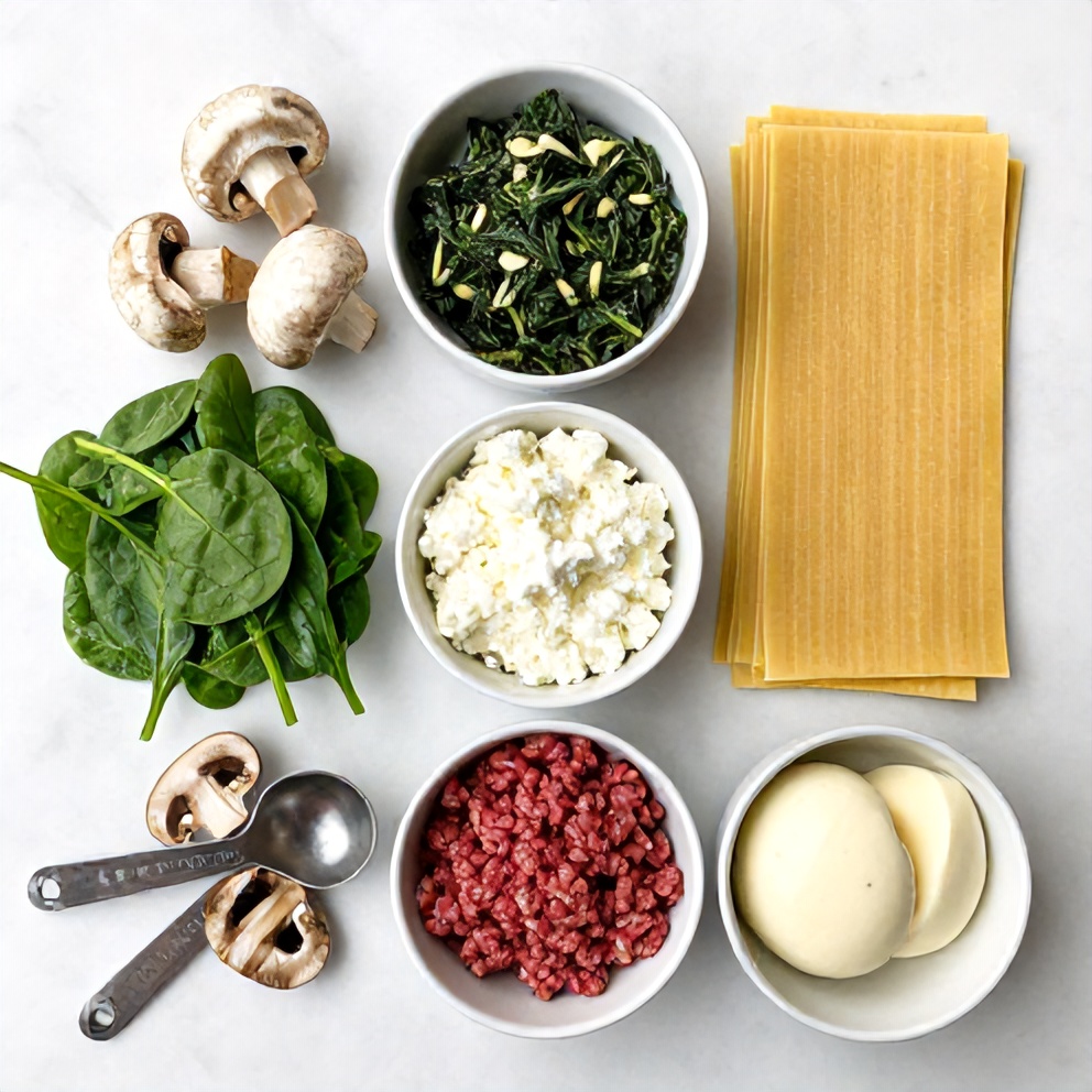 Overhead flat lay of raw ingredients for Easy Mushroom Spinach Lasagna, including mushrooms, spinach, lasagna noodles, and ricotta cheese