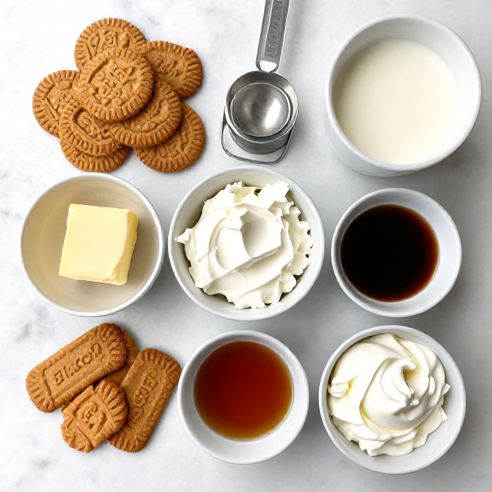 Biscoff cookies, cream cheese, and other ingredients for no-bake cheesecake cups