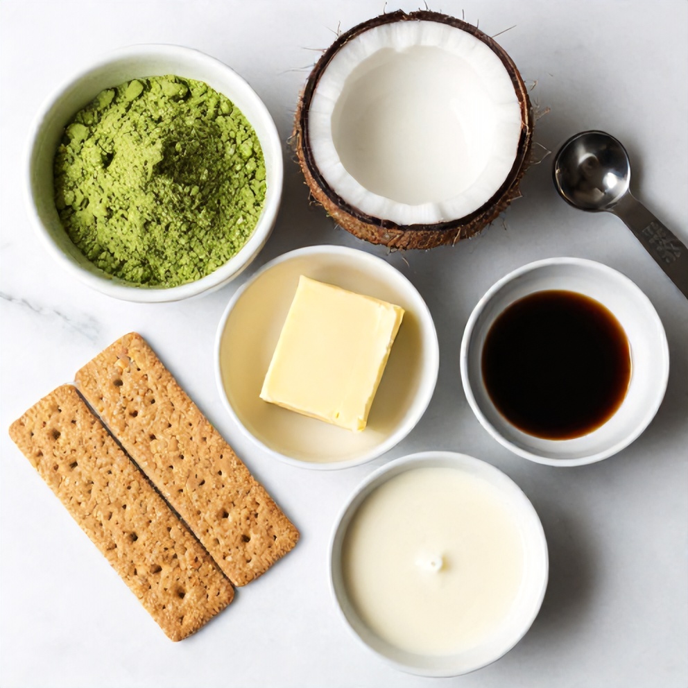 Matcha powder, coconut milk, graham crackers, and other ingredients in a flat lay