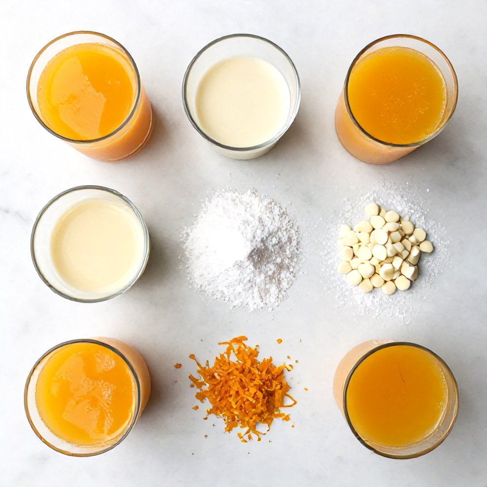 Ingredients for No Bake Orange Creamsicle Truffles laid out on a wooden surface