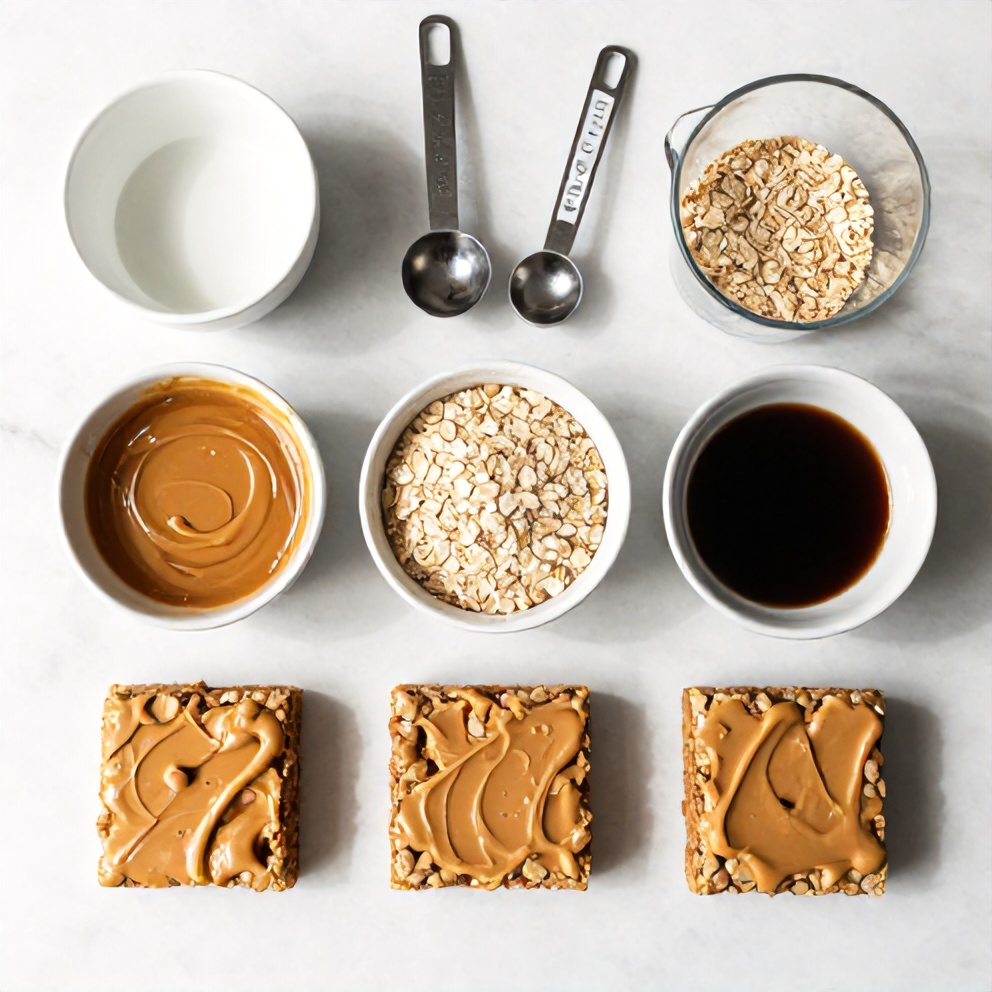 Peanut butter, oats, honey, and other ingredients laid out