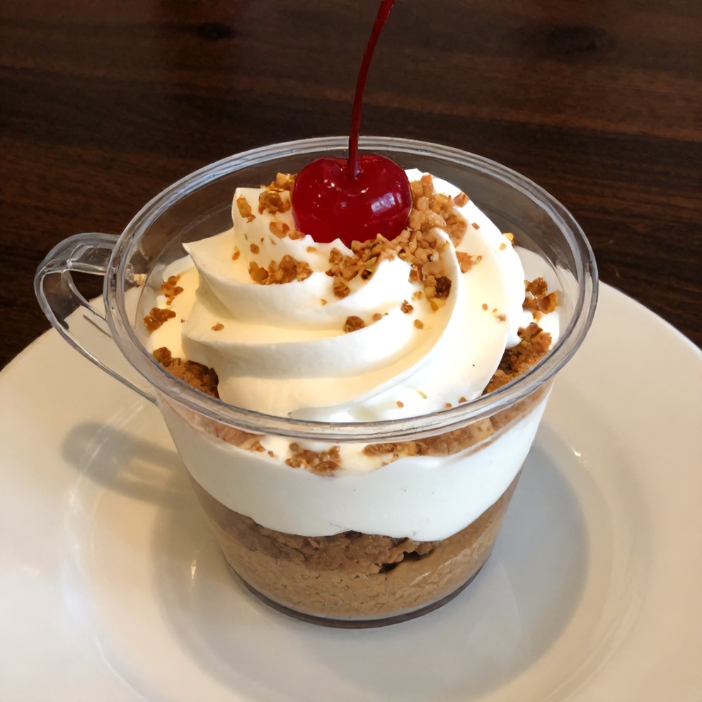 No Bake S’mores Pudding Cups served in clear plastic cups, garnished with a cherry and a sprinkle of crushed graham crackers