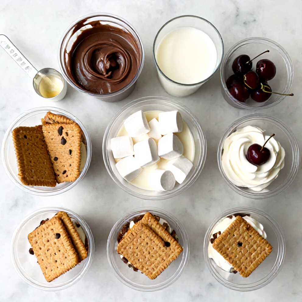 Graham crackers, chocolate pudding mix, milk, marshmallow creme, whipped cream, cherries, and clear plastic cups arranged on a white marble countertop