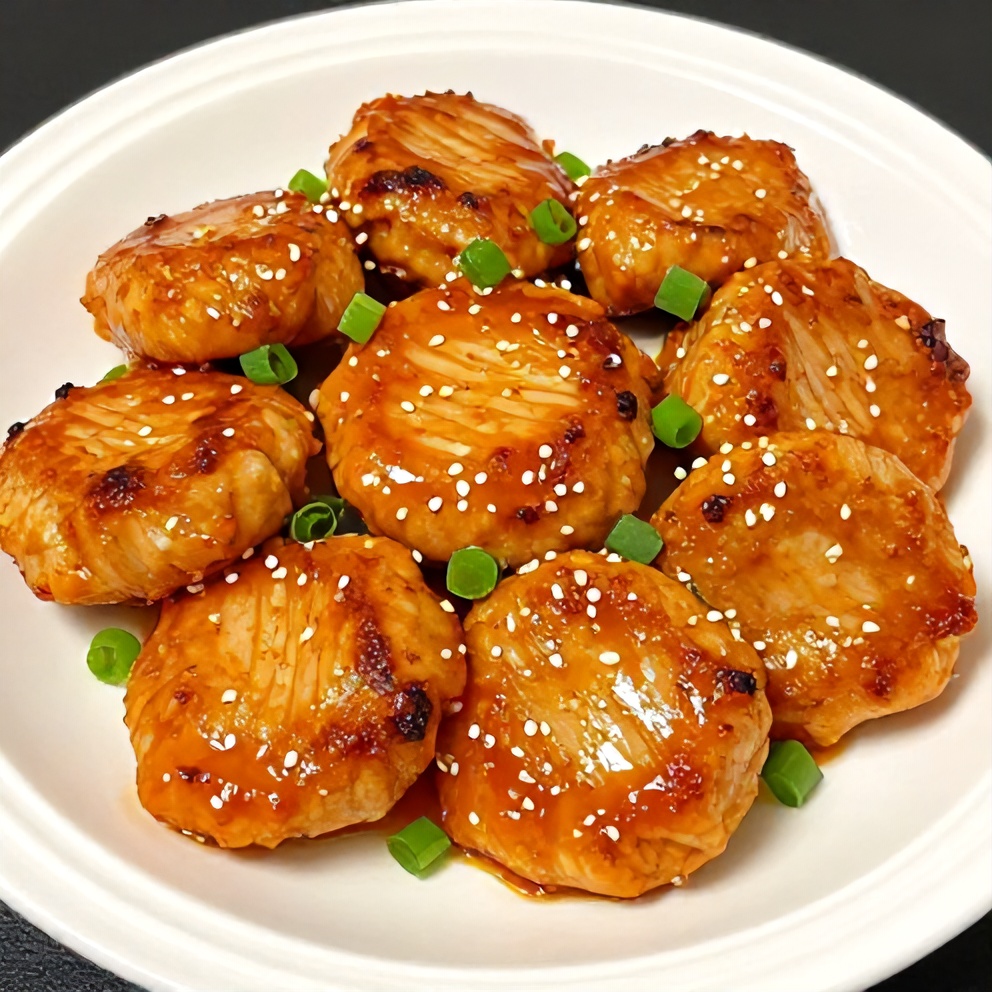 Plated orange teriyaki turkey medallions with green onions
