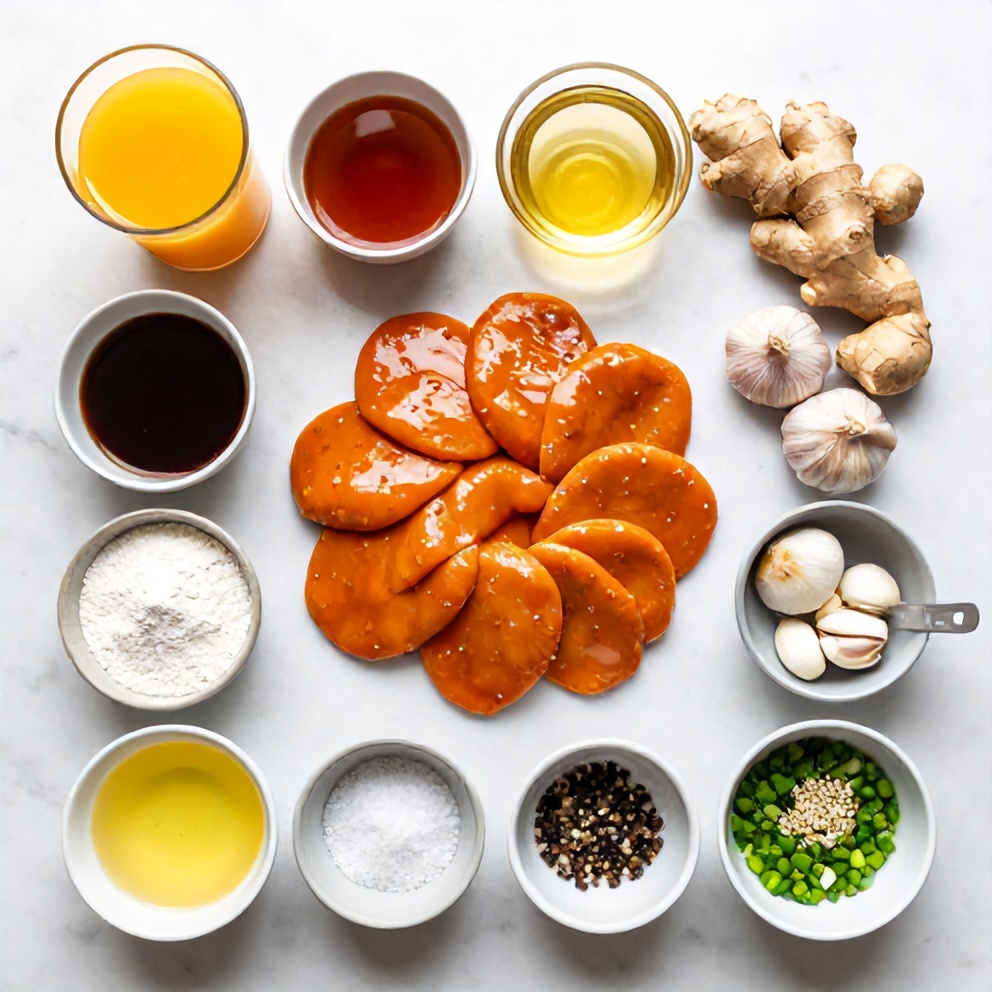 Ingredients for orange teriyaki turkey medallions laid out