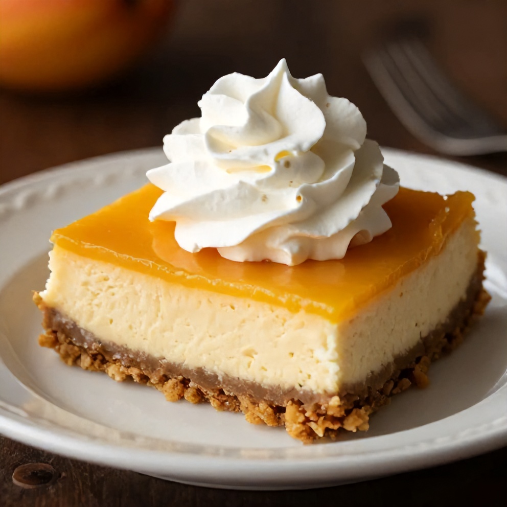 Peach Cobbler Cheesecake Bars on a dessert plate