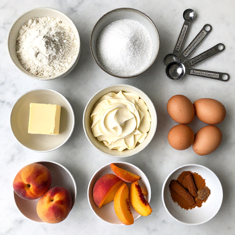 Peach Cobbler Cheesecake Bars ingredients on a marble counter
