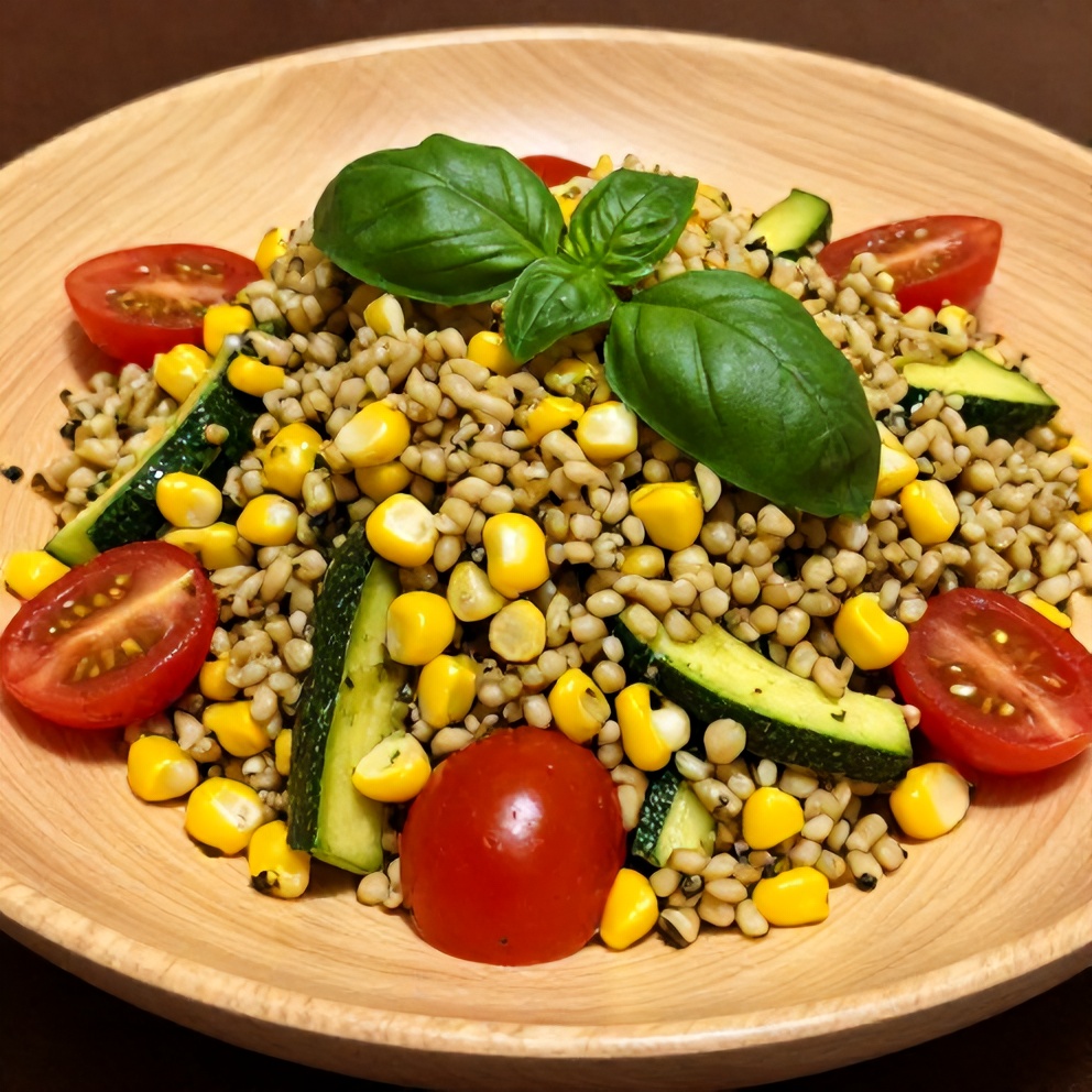 Plated Pesto Zucchini Corn Quinoa Salad with fresh basil