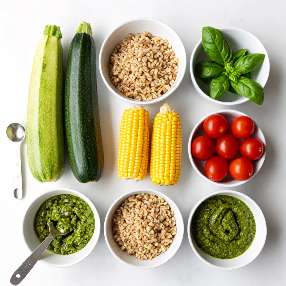 Raw ingredients for Pesto Zucchini Corn Quinoa Salad