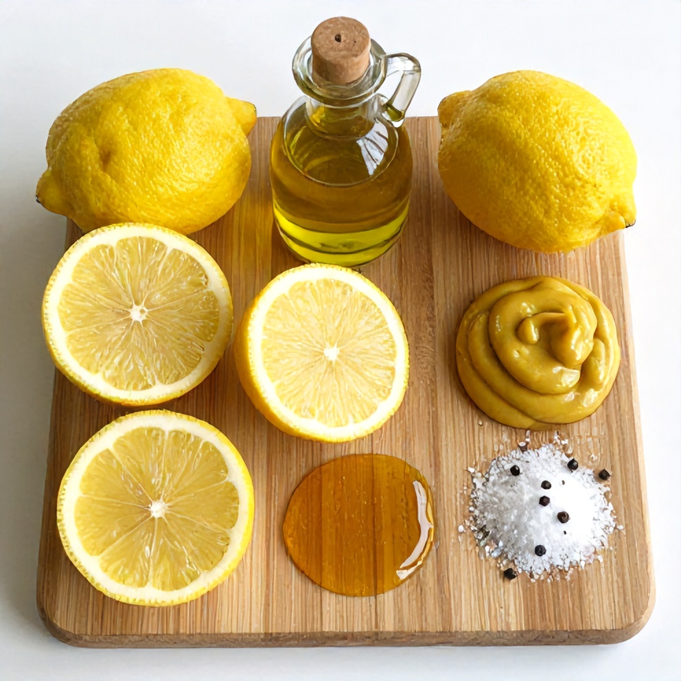 Lemon, olive oil, Dijon mustard, honey, salt, and pepper arranged on a wooden board
